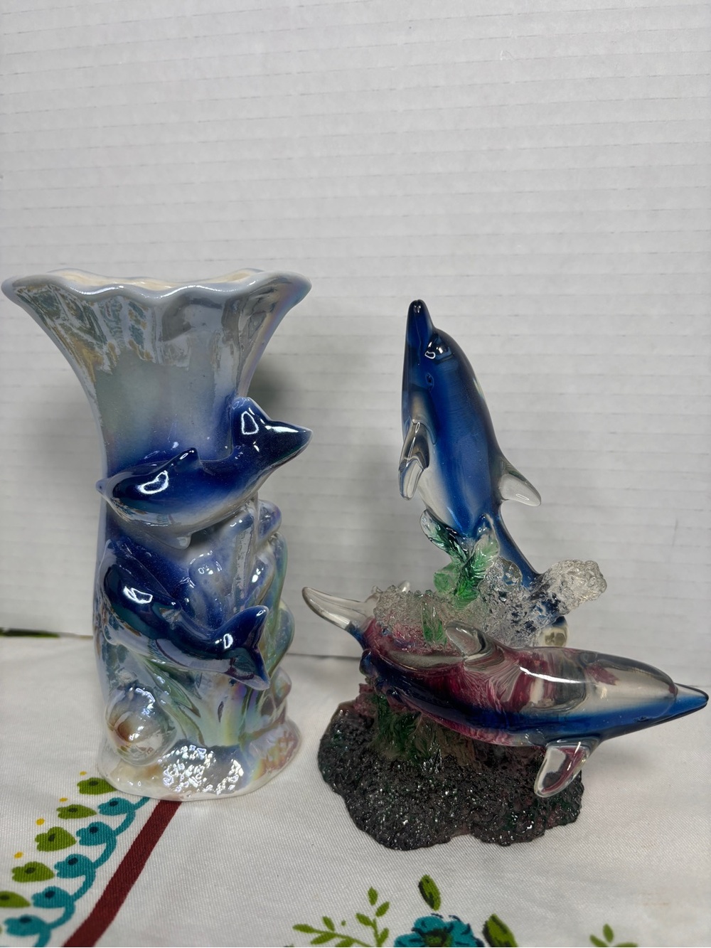 Dolphin Home Decor Ceramic Shiny Vase & Plastic Dolphin Figurine Set 90s Theme